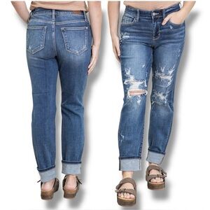Judy Blue Boyfriend Jeans Cuffed Straight Leg Stretch Denim Distressed Size 3/26